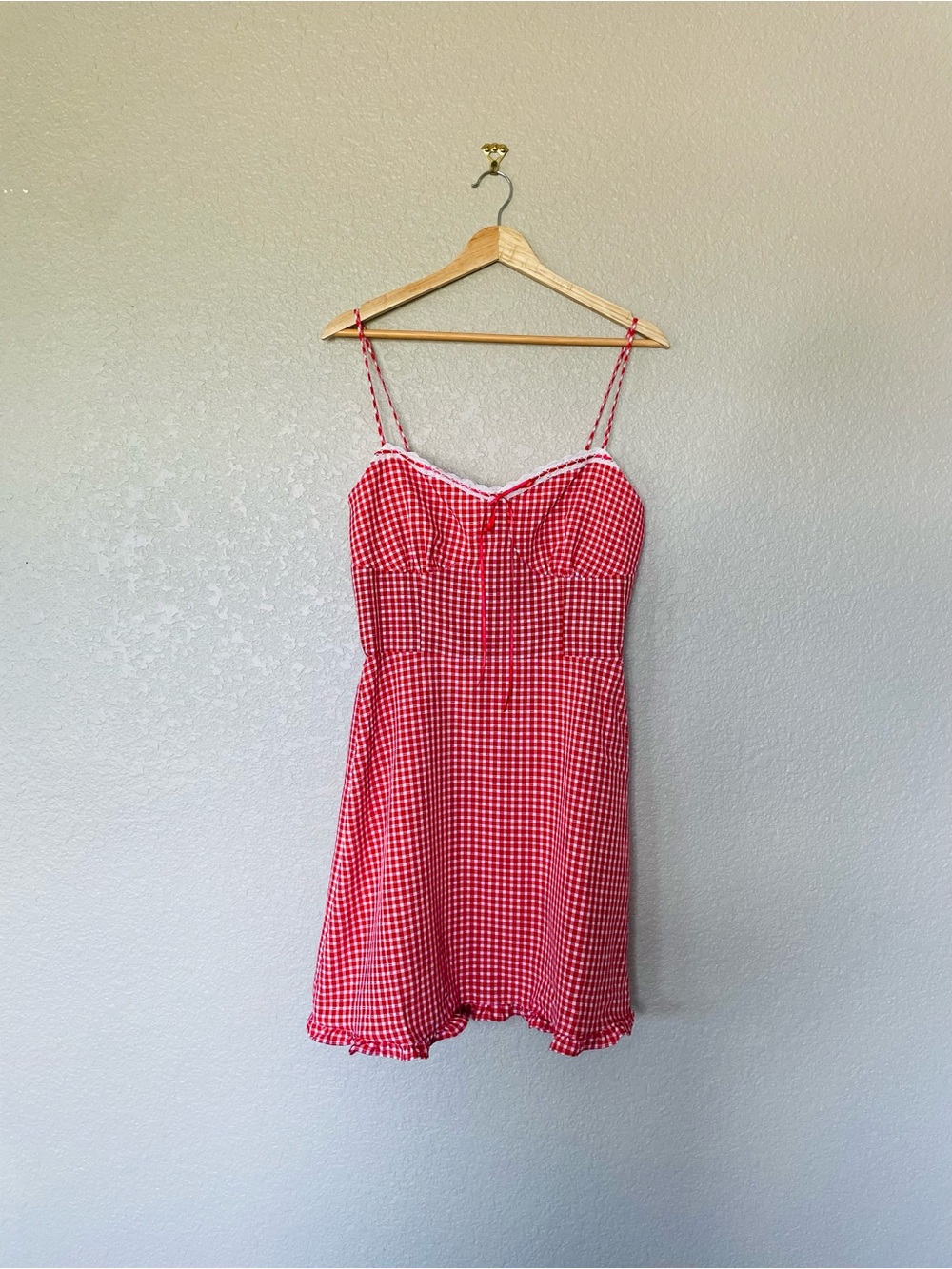 Sienna Sky Red Gingham Slip Dress with Lace Trim
